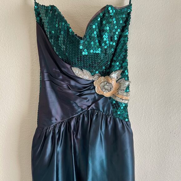 Vintage Nadine Formal Dress SZ7 Strapless Sequin Satin Green Whimsygoth 80s Prom - Picture 7 of 12